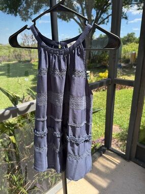 LOFT Navy Crochet-Trim Sleeveless Blouse